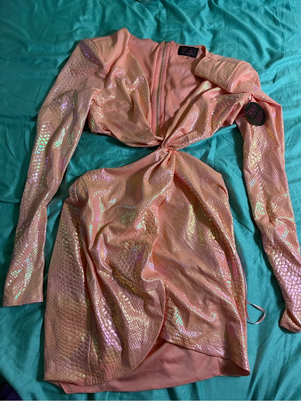 Pink/Orange Coral Snakeskin Holographic  cutout dress Size M